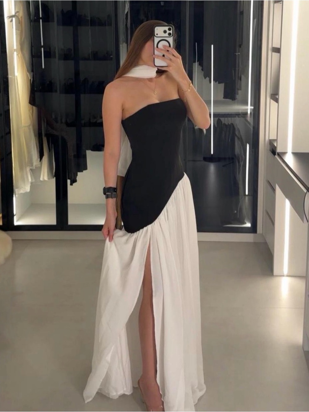 New Black strapless maxi dress with white skirt and scarf